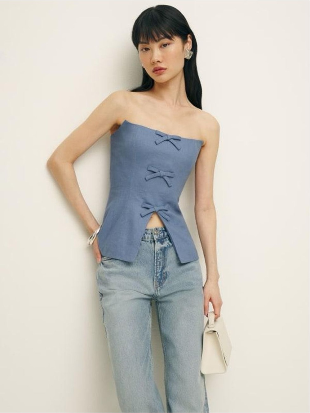 Reformation Essie Linen Strapless Bow-Front Corset Top in Blue NWT Sz 12